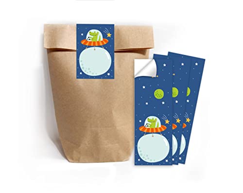 12 Geschenktüten (Natur) + 12 Aufkleber Tiere Weltraum für Mitgebsel Gastgeschenk beim Kindergeburtstag Mädchen Jungen von Junapack