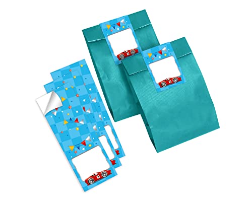 12 Geschenktüten (Petrol) + 12 Aufkleber Rennauto Rennwagen für Mitgebsel Gastgeschenk beim Kindergeburtstag Jungen von Junapack