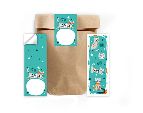 12 Lesezeichen + 12 Geschenktüten (Natur) + 12 Aufkleber Katze Katzen Mitgebsel Gastgeschenk beim Kindergeburtstag Mädchen Jungen von Junapack