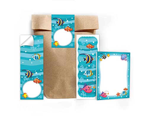 12 Lesezeichen + 12 Mini-Notizblöcke + 12 Geschenktüten (Natur) + 12 Aufkleber Fische Mitgebsel Gastgeschenk beim Kindergeburtstag Jungen Mädchen von Junapack