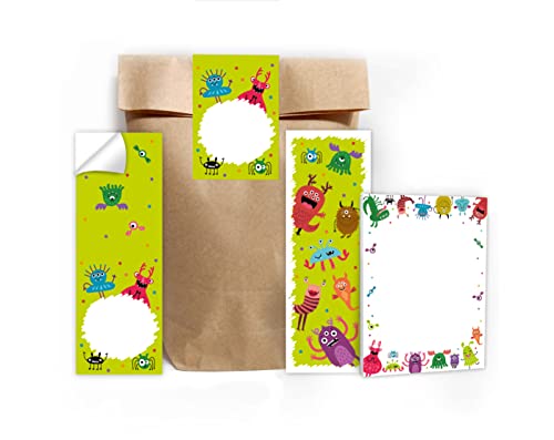 12 Lesezeichen + 12 Mini-Notizblöcke + 12 Geschenktüten (Natur) + 12 Aufkleber Monster Mitgebsel Gastgeschenk beim Kindergeburtstag Jungen Mädchen von Junapack