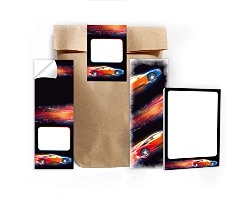 12 Lesezeichen + 12 Mini-Notizblöcke + 12 Geschenktüten (Natur) + 12 Aufkleber Rennauto Rennwagen Mitgebsel Gastgeschenk beim Kindergeburtstag Jungen von Junapack