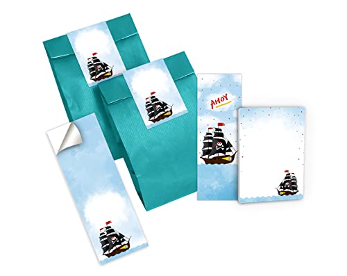 12 Lesezeichen + 12 Mini-Notizblöcke + 12 Geschenktüten (Petrol) + 12 Aufkleber Piraten-Party Piratenschiff Mitgebsel Gastgeschenk beim Kindergeburtstag Jungen Mädchen von Junapack
