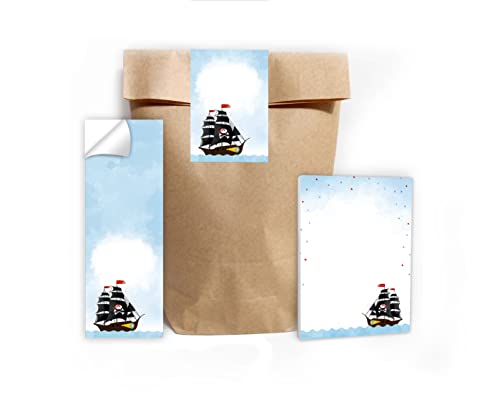 12 Mini-Notizblöcke + 12 Geschenktüten (Natur) + 12 Aufkleber Piraten-Party Piratenschiff Mitgebsel Gastgeschenk beim Kindergeburtstag Jungen Mädchen von Junapack