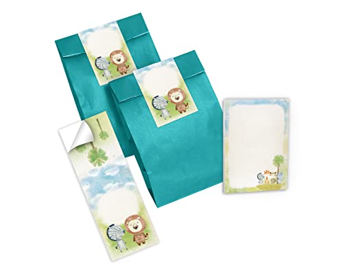 12 Mini-Notizblöcke + 12 Geschenktüten (Petrol) + 12 Aufkleber Tiere Mitgebsel Gastgeschenk beim Kindergeburtstag Mädchen Jungen von Junapack