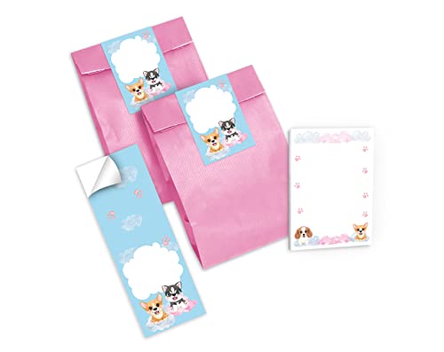 12 Mini-Notizblöcke + 12 Geschenktüten (rosa) + 12 Aufkleber Hund Hunde Mitgebsel Gastgeschenk beim Kindergeburtstag Mädchen Jungen Jungs von Junapack