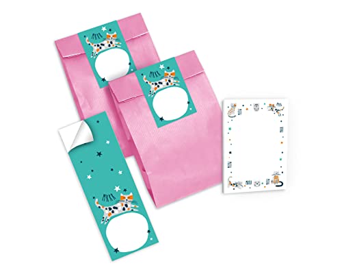 12 Mini-Notizblöcke + 12 Geschenktüten (rosa) + 12 Aufkleber Katze Katzen Mitgebsel Gastgeschenk beim Kindergeburtstag Mädchen Jungen von Junapack