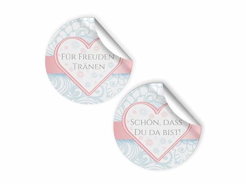 250 "SCHÖN,DASS DU DA BIST" + 250 "FÜR FREUDEN TRÄNEN" Aufkleber für Hochzeit, Standesamt, Konfirmation, Kommunion, Taufe, Jubiläum (ø 4,5 cm). Eleganter Ornament mit Herz blau rosa Romantik von Junapack