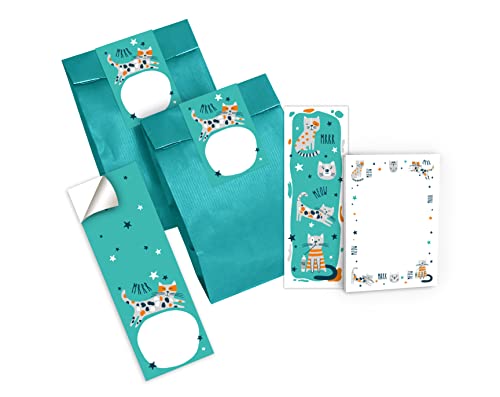 6 Lesezeichen + 6 Mini-Notizblöcke + 6 Geschenktüten (Petrol) + 6 Aufkleber Katze Katzen Mitgebsel Gastgeschenk beim Kindergeburtstag Mädchen Jungen von Junapack