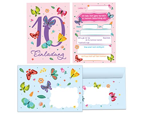 Junapack 12 Einladungskarten incl. 12 Umschläge zum 10. Kindergeburtstag zehnte Geburtstag Mädchen Schmetterlinge von Junapack
