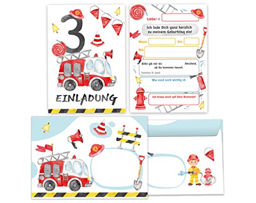 Junapack 12 Einladungskarten incl. 12 Umschläge zum 3. Kindergeburtstag dritte Geburtstag Jungen Feuerwehr Feuerwehrauto von Junapack