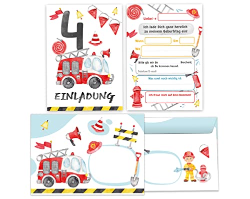 Junapack 12 Einladungskarten incl. 12 Umschläge zum 4. Kindergeburtstag vierte Geburtstag Jungen Feuerwehr Feuerwehrauto von Junapack