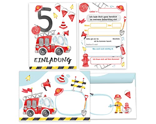 Junapack 12 Einladungskarten incl. 12 Umschläge zum 5. Kindergeburtstag fünfte Geburtstag Jungen Feuerwehr Feuerwehrauto von Junapack