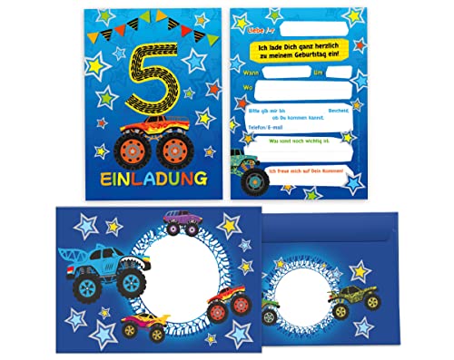 Junapack 12 Einladungskarten incl. 12 Umschläge zum 5. Kindergeburtstag fünfte Geburtstag Jungen Monster-Truck Auto Geburtstagseinladungen von Junapack