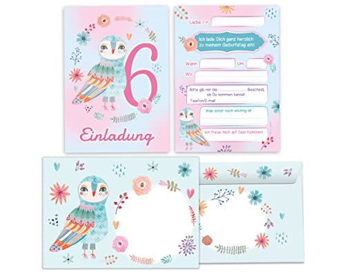 Junapack 12 Einladungskarten incl. 12 Umschläge zum 6. Kindergeburtstag Einladung zum sechsten Geburtstag Mädchen Eule von Junapack