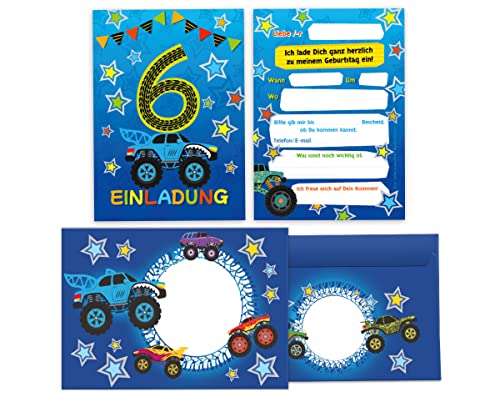 Junapack 12 Einladungskarten incl. 12 Umschläge zum 6. Kindergeburtstag sechste Geburtstag Jungen Monster-Truck Auto Geburtstagseinladungen von Junapack