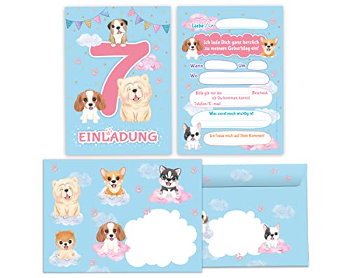 Junapack 12 Einladungskarten incl. 12 Umschläge zum 7. Kindergeburtstag Einladung zum siebten Geburtstag Mädchen Hunde von Junapack