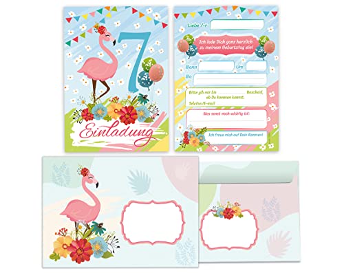 Junapack 12 Einladungskarten incl. 12 Umschläge zum 7. Kindergeburtstag siebte Geburtstag Mädchen Flamingo von Junapack