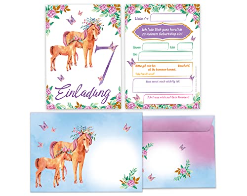 Junapack 12 Einladungskarten incl. 12 Umschläge zum 7. Kindergeburtstag siebte Geburtstag Mädchen Pferde von Junapack