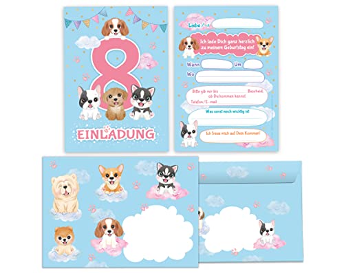 Junapack 12 Einladungskarten incl. 12 Umschläge zum 8. Kindergeburtstag Einladung zum achten Geburtstag Mädchen Hunde von Junapack