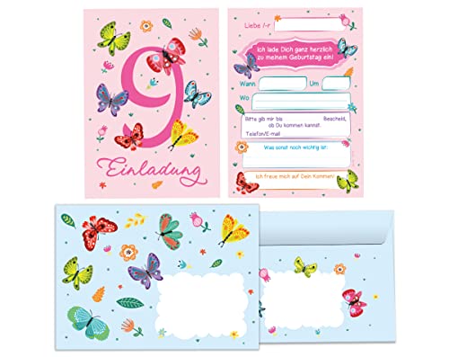 Junapack 12 Einladungskarten incl. 12 Umschläge zum 9. Kindergeburtstag neunte Geburtstag Mädchen Schmetterlinge von Junapack