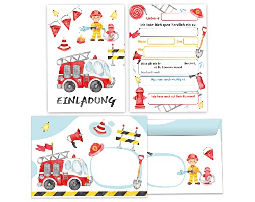 Junapack 12 Einladungskarten incl. 12 Umschläge zum Kindergeburtstag Geburtstag Jungen Feuerwehr Feuerwehrauto von Junapack