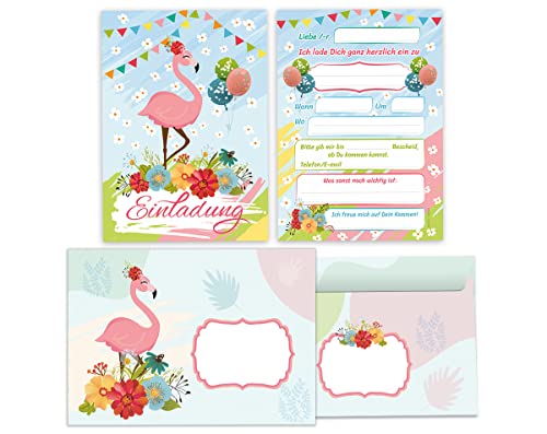 Junapack 12 Einladungskarten incl. 12 Umschläge zum Kindergeburtstag Geburtstag Mädchen Flamingo von Junapack