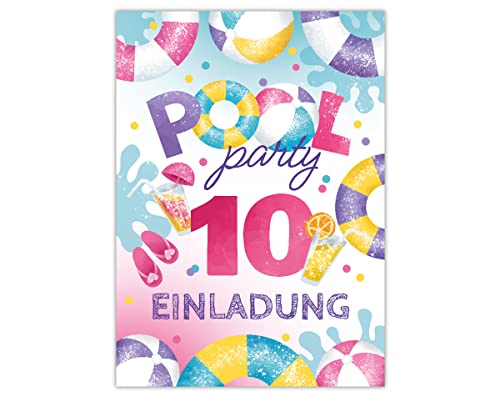 Junapack 12 Einladungskarten zum 10. Kindergeburtstag Schwimmbad Einladungen zehnte Geburtstag Mädchen Pool-Party von Junapack