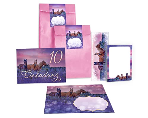 Junapack 12 Einladungskarten zum 10. Kindergeburtstag zehnte Geburtstag Mädchen Pferd Pferde incl. 12 Umschläge, 12 Tüten/rosa, 12 Aufkleber, 12 Lesezeichen, 12 Blöcke von Junapack