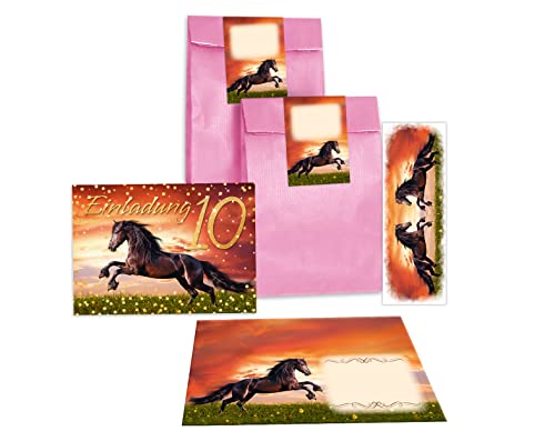 Junapack 12 Einladungskarten zum 10. Kindergeburtstag zehnte Geburtstag Mädchen Pferd braun incl. 12 Umschläge, 12 Tüten/rosa, 12 Aufkleber, 12 Lesezeichen von Junapack