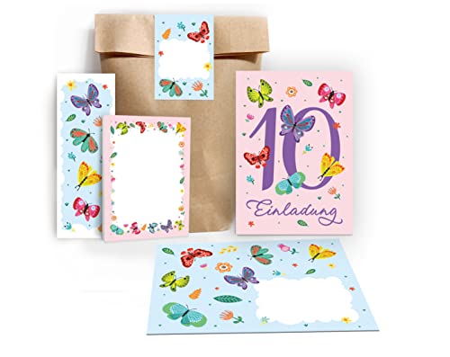 Junapack 12 Einladungskarten zum 10. Kindergeburtstag zehnte Geburtstag Mädchen Schmetterlinge incl. 12 Umschläge, 12 Tüten/Natur, 12 Aufkleber, 12 Lesezeichen, 12 Blöcke von Junapack