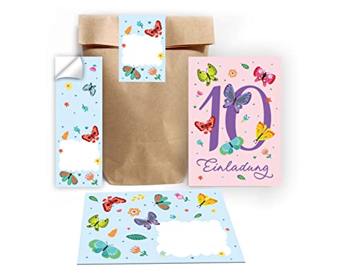 Junapack 12 Einladungskarten zum 10. Kindergeburtstag zehnte Geburtstag Mädchen Schmetterlinge incl. 12 Umschläge, 12 Tüten / Natur, 12 Aufkleber von Junapack