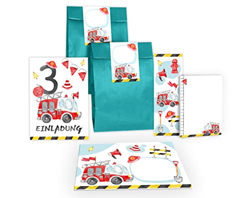 Junapack 12 Einladungskarten zum 3. Kindergeburtstag dritte Geburtstag Jungen Feuerwehr Feuerwehrauto incl. 12 Umschläge, 12 Tüten/petrol, 12 Aufkleber, 12 Lesezeichen, 12 Blöcke Junapack 12 Einladungskarten zum 3. Kindergeburtstag dritte Geburtstag Jungen Feuerwehr Feuerwehrauto incl. 12 Umschläge, 12 Tüten/petrol, 12 Aufkleber, 12 Lesezeichen, 12 Blöcke von Junapack