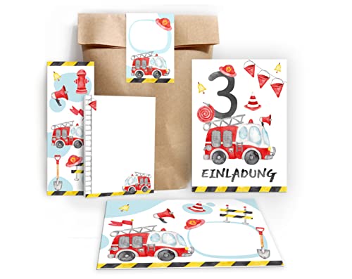Junapack 12 Einladungskarten zum 3. Kindergeburtstag dritte Geburtstag Jungen Feuerwehr Feuerwehrauto incl. 12 Umschläge, 12 Tüten/natur, 12 Aufkleber, 12 Lesezeichen, 12 Blöcke Junapack 12 Einladungskarten zum 3. Kindergeburtstag dritte Geburtstag Jungen Feuerwehr Feuerwehrauto incl. 12 Umschläge, 12 Tüten/natur, 12 Aufkleber, 12 Lesezeichen, 12 Blöcke von Junapack