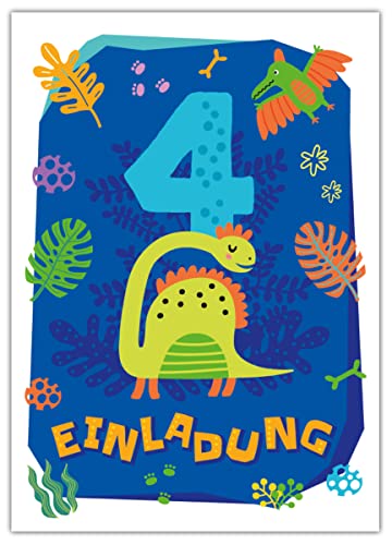 Junapack 12 Einladungskarten zum 4. Kindergeburtstag vierte Geburtstag Jungen Dinosaurier Dino Geburtstagseinladungen von Junapack