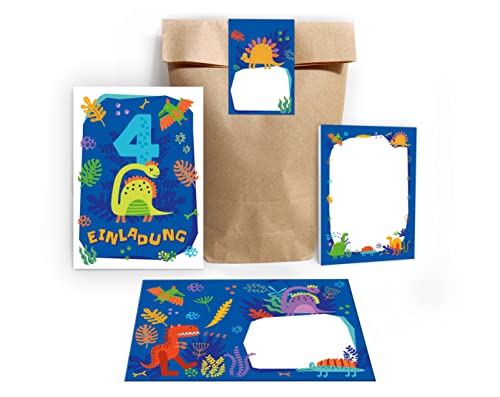 Junapack 12 Einladungskarten zum 4. Kindergeburtstag vierte Geburtstag Jungen Dinosaurier Dino incl. 12 Umschläge, 12 Tüten/Natur, 12 Aufkleber, 12 Blöcke von Junapack