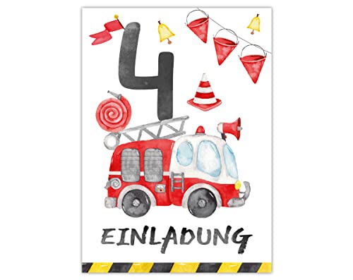 Junapack 12 Einladungskarten zum 4. Kindergeburtstag vierte Geburtstag Jungen Feuerwehr Feuerwehrauto von Junapack