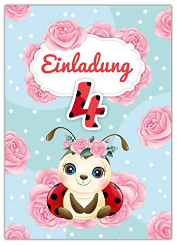 Junapack 12 Einladungskarten zum 4. Kindergeburtstag vierte Geburtstag Mädchen Marienkäfer von Junapack