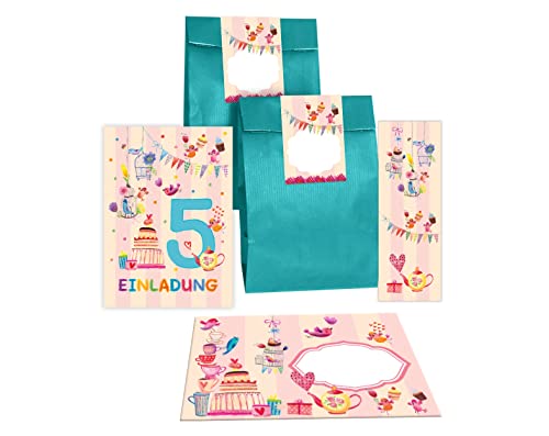 Junapack 12 Einladungskarten zum 5. Kindergeburtstag Einladung zum fünften Geburtstag Mädchen Vögelchen incl. 12 Umschläge, 12 Tüten/Petrol, 12 Aufkleber, 12 Lesezeichen von Junapack