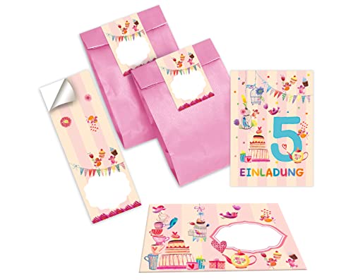 Junapack 12 Einladungskarten zum 5. Kindergeburtstag Einladung zum fünften Geburtstag Mädchen Vögelchen incl. 12 Umschläge, 12 Tüten / rosa, 12 Aufkleber von Junapack