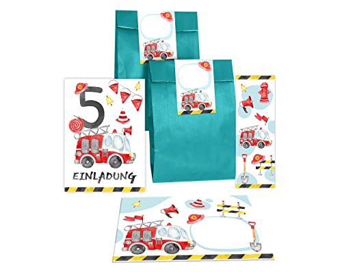 Junapack 12 Einladungskarten zum 5. Kindergeburtstag fünfte Geburtstag Jungen Feuerwehr Feuerwehrauto incl. 12 Umschläge, 12 Tüten/petrol, 12 Aufkleber, 12 Lesezeichen von Junapack