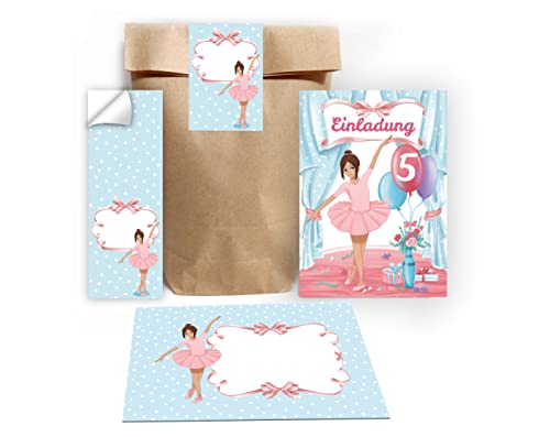 Junapack 12 Einladungskarten zum 5. Kindergeburtstag fünfte Geburtstag Mädchen Ballerina incl. 12 Umschläge, 12 Tüten / Natur, 12 Aufkleber von Junapack