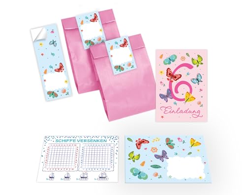 Junapack 12 Einladungskarten zum 6. Kindergeburtstag Einladung Geburtstag Mädchen Schmetterlinge Blumen incl. 12 Umschläge, 12 Tüten/rosa, 12 Aufkleber, 12 Schiffe versenken von Junapack