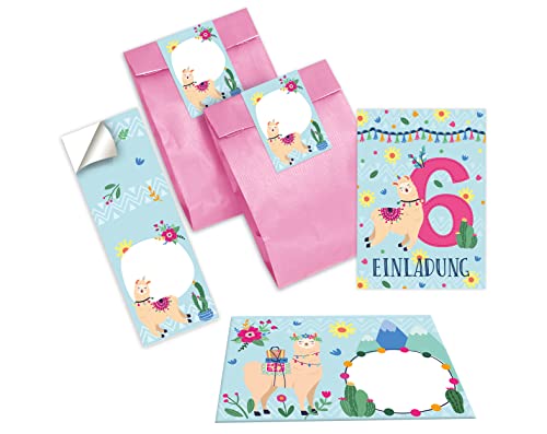 Junapack 12 Einladungskarten zum 6. Kindergeburtstag Einladung zum sechsten Geburtstag Mädchen Lama incl. 12 Umschläge, 12 Tüten / rosa, 12 Aufkleber von Junapack