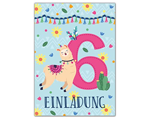 Junapack 12 Einladungskarten zum 6. Kindergeburtstag Einladung zum sechsten Geburtstag Mädchen Lama von Junapack