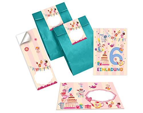Junapack 12 Einladungskarten zum 6. Kindergeburtstag Einladung zum sechsten Geburtstag Mädchen Vögelchen incl. 12 Umschläge, 12 Tüten/Petrol, 12 Aufkleber von Junapack