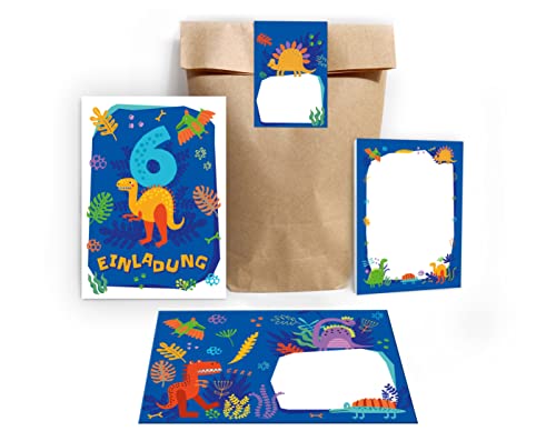Junapack 12 Einladungskarten zum 6. Kindergeburtstag sechste Geburtstag Jungen Dinosaurier Dino incl. 12 Umschläge, 12 Tüten / Natur, 12 Aufkleber, 12 Blöcke von Junapack