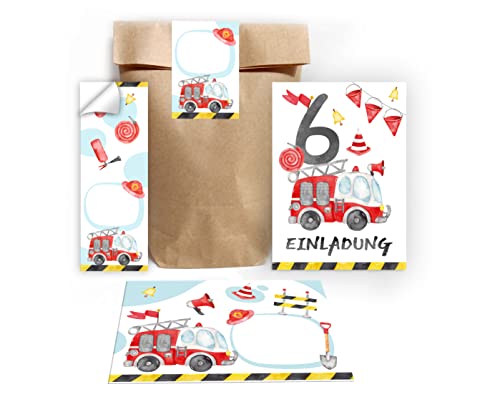 Junapack 12 Einladungskarten zum 6. Kindergeburtstag sechste Geburtstag Jungen Feuerwehr Feuerwehrauto incl. 12 Umschläge, 12 Tüten/natur, 12 Aufkleber von Junapack