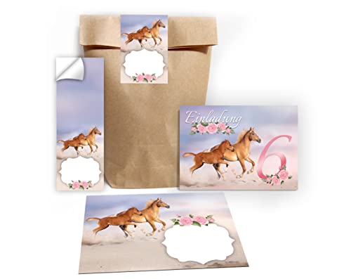Junapack 12 Einladungskarten zum 6. Kindergeburtstag sechste Geburtstag Mädchen Pferd mit Fohlen incl. 12 Umschläge, 12 Tüten / Natur, 12 Aufkleber von Junapack
