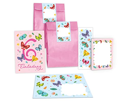Junapack 12 Einladungskarten zum 6. Kindergeburtstag sechste Geburtstag Mädchen Schmetterlinge incl. 12 Umschläge, 12 Tüten / rosa, 12 Aufkleber, 12 Lesezeichen, 12 Blöcke von Junapack